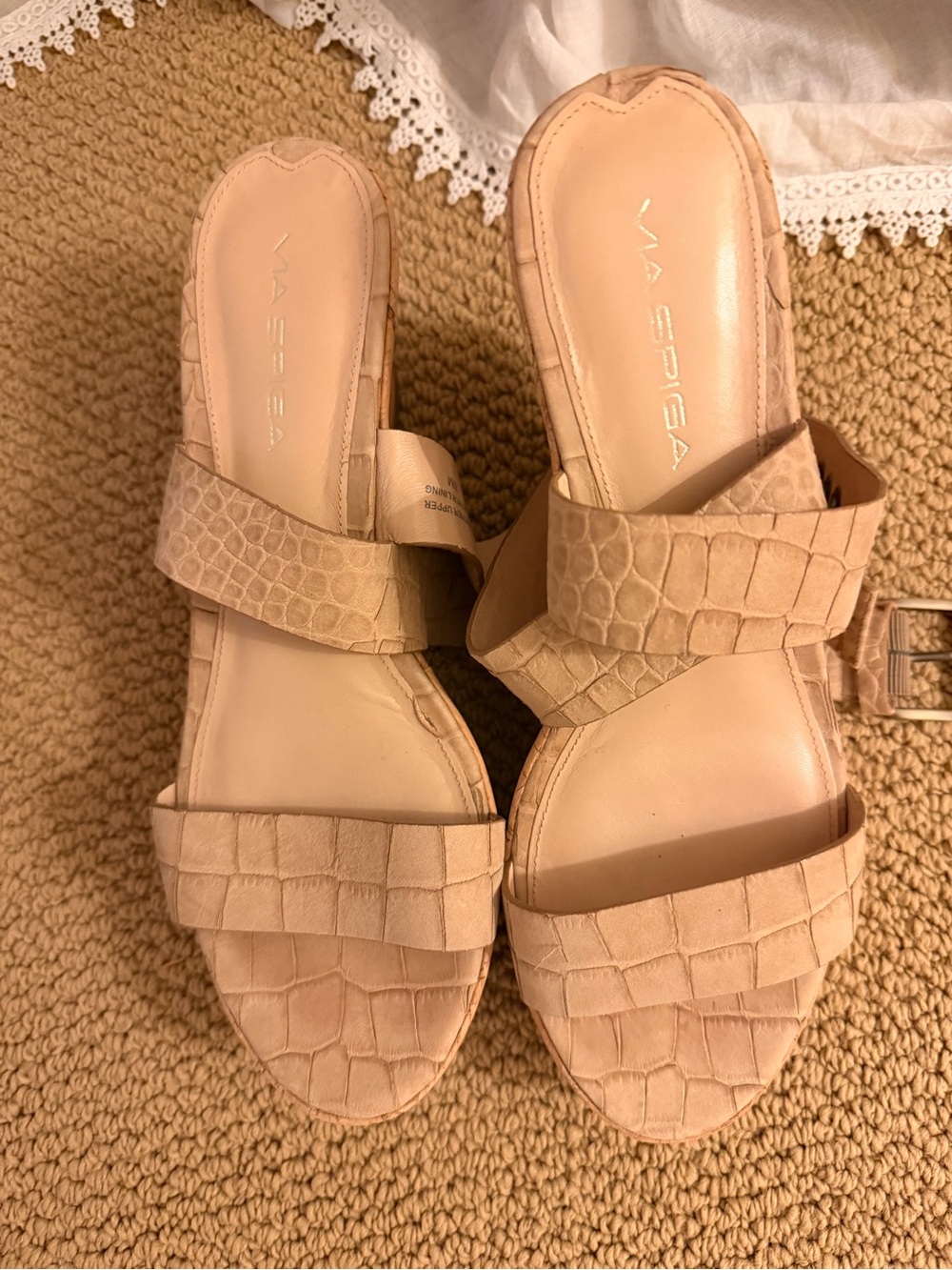 Via Spiga Nude Croc-Embossed Double Strap Wedges
